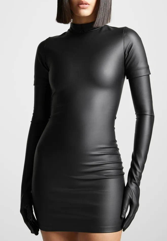 Manire De Voir Dresses Manire De Voir Woman Vegan Leather Bodycon Dress With Gloves 8211 Black