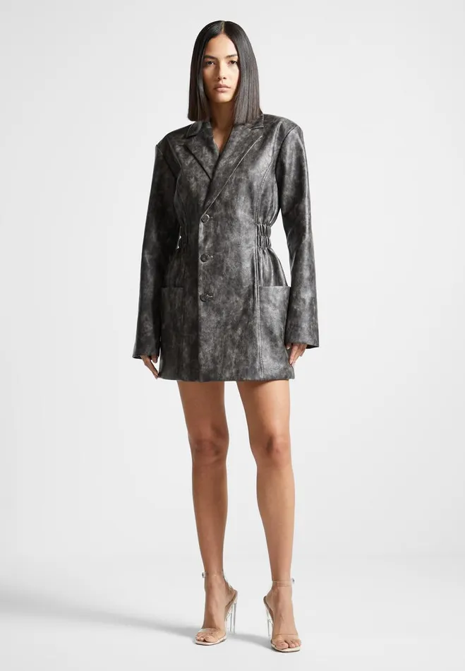 Manire De Voir Dresses Manire De Voir Woman Vintage Double Breasted Vegan Leather Blazer Dress 8211 Grey