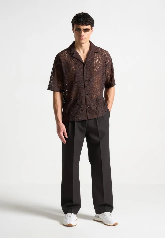 Manire De Voir Formal Trousers Manire De Voir Man Relaxed Fit Textured Twin Pleat Tailored Trousers 8211 Brown