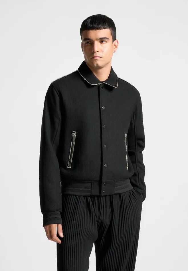 Manire De Voir Jackets Manire De Voir Man Rhinestone Wool Blend Varsity Jacket 8211 Black