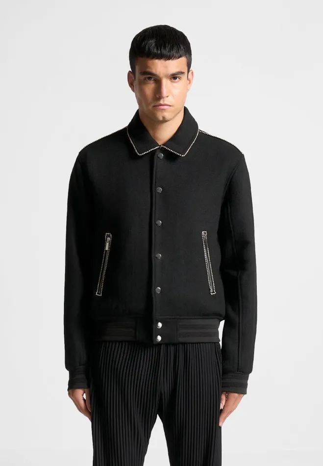 Manire De Voir Jackets Manire De Voir Man Rhinestone Wool Blend Varsity Jacket 8211 Black