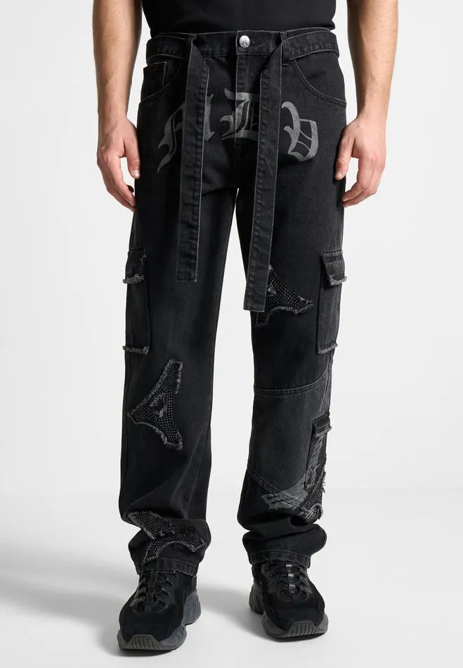 Manire De Voir Jeans Manire De Voir Man MDV Rhinestone Eiffel Patch Jeans 8211 Stonewash Black