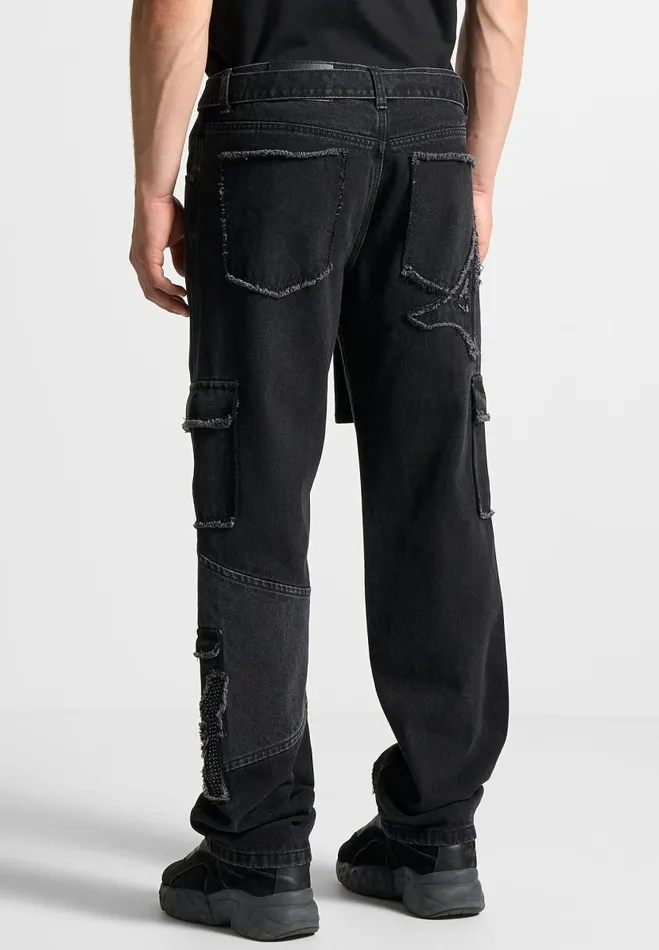 Manire De Voir Jeans Manire De Voir Man MDV Rhinestone Eiffel Patch Jeans 8211 Stonewash Black