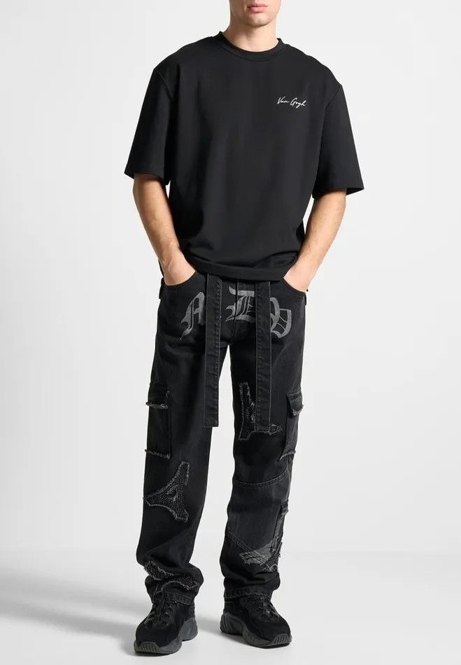 Manire De Voir Jeans Manire De Voir Man MDV Rhinestone Eiffel Patch Jeans 8211 Stonewash Black
