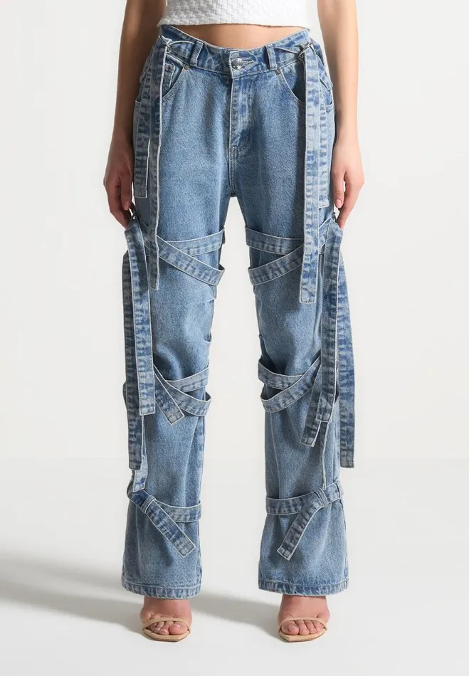 Manire De Voir Jeans Manire De Voir Woman Denim Strap Cargo Jeans 8211 Mid Blue Manire De Voir Jeans Manire De Voir Woman Denim Strap Cargo Jeans 8211 Mid Blue