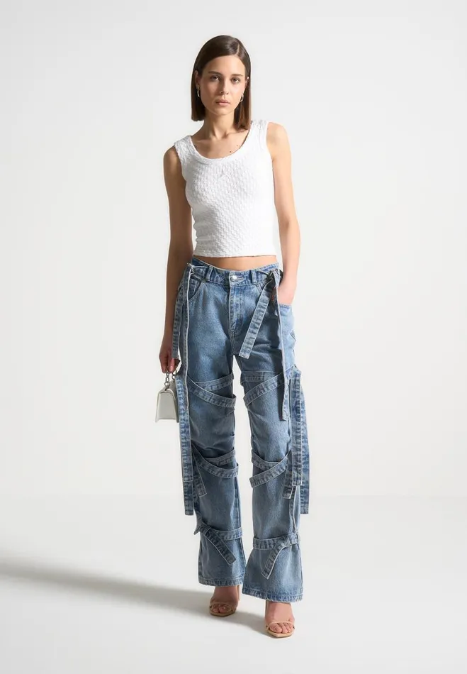 Manire De Voir Jeans Manire De Voir Woman Denim Strap Cargo Jeans 8211 Mid Blue