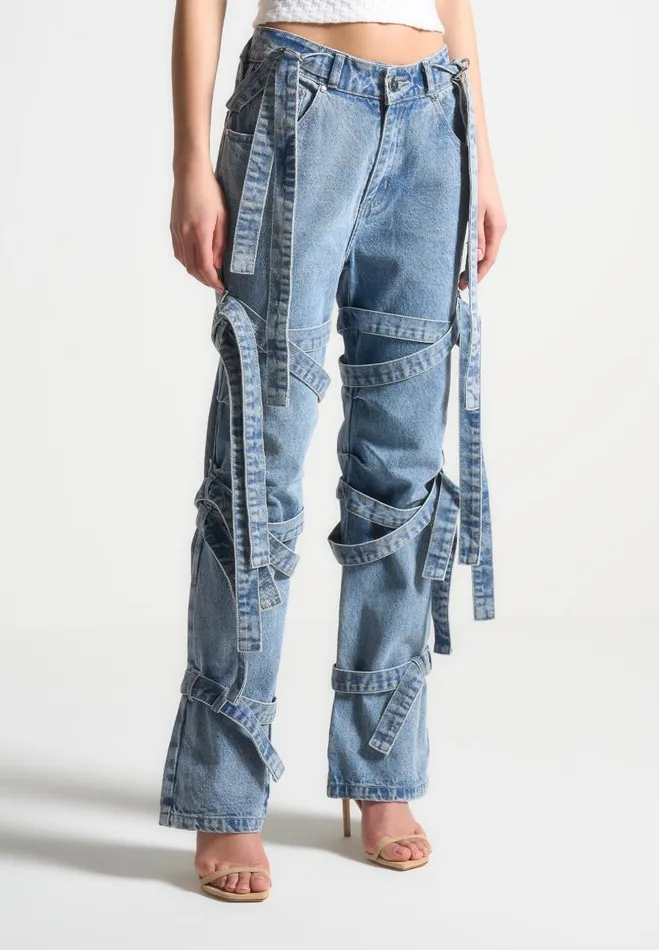 Manire De Voir Jeans Manire De Voir Woman Denim Strap Cargo Jeans 8211 Mid Blue