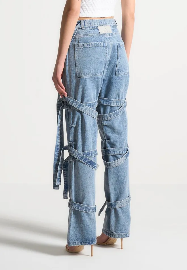 Manire De Voir Jeans Manire De Voir Woman Denim Strap Cargo Jeans 8211 Mid Blue