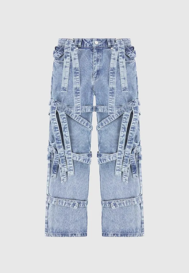 Manire De Voir Jeans Manire De Voir Woman Denim Strap Cargo Jeans 8211 Mid Blue