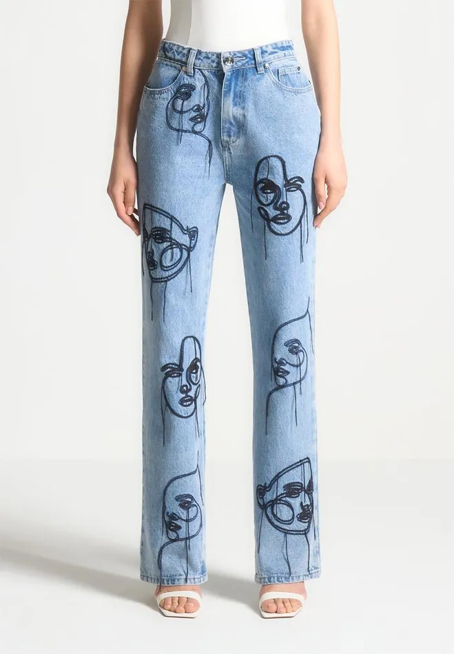 Manire De Voir Jeans Manire De Voir Woman Line Art Boyfriend Jeans 8211 Mid Blue