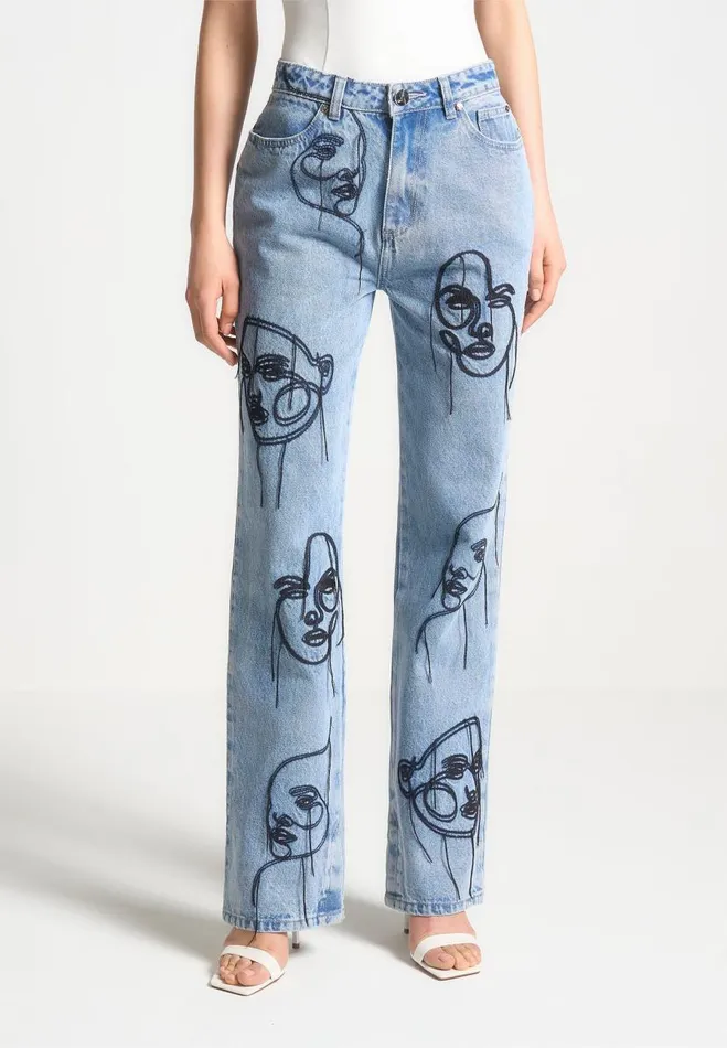 Manire De Voir Jeans Manire De Voir Woman Line Art Boyfriend Jeans 8211 Mid Blue