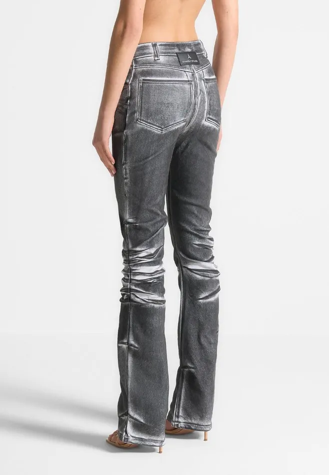 Manire De Voir Jeans Manire De Voir Woman Oil Print Tacked Fit And Flare Jeans 8211 WhiteGrey