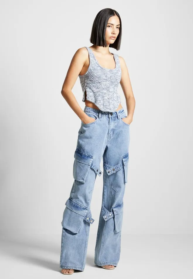 Manire De Voir Jeans Manire De Voir Woman Strap Detail Cargo Jeans 8211 Mid Blue