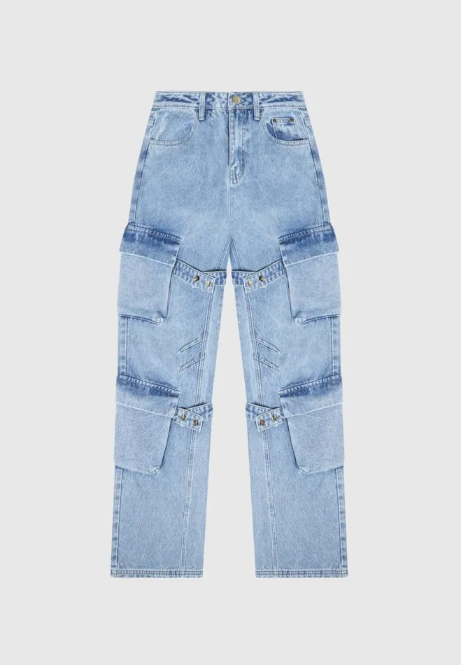 Manire De Voir Jeans Manire De Voir Woman Strap Detail Cargo Jeans 8211 Mid Blue