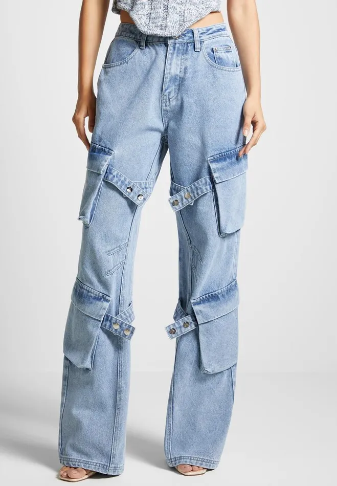 Manire De Voir Jeans Manire De Voir Woman Strap Detail Cargo Jeans 8211 Mid Blue