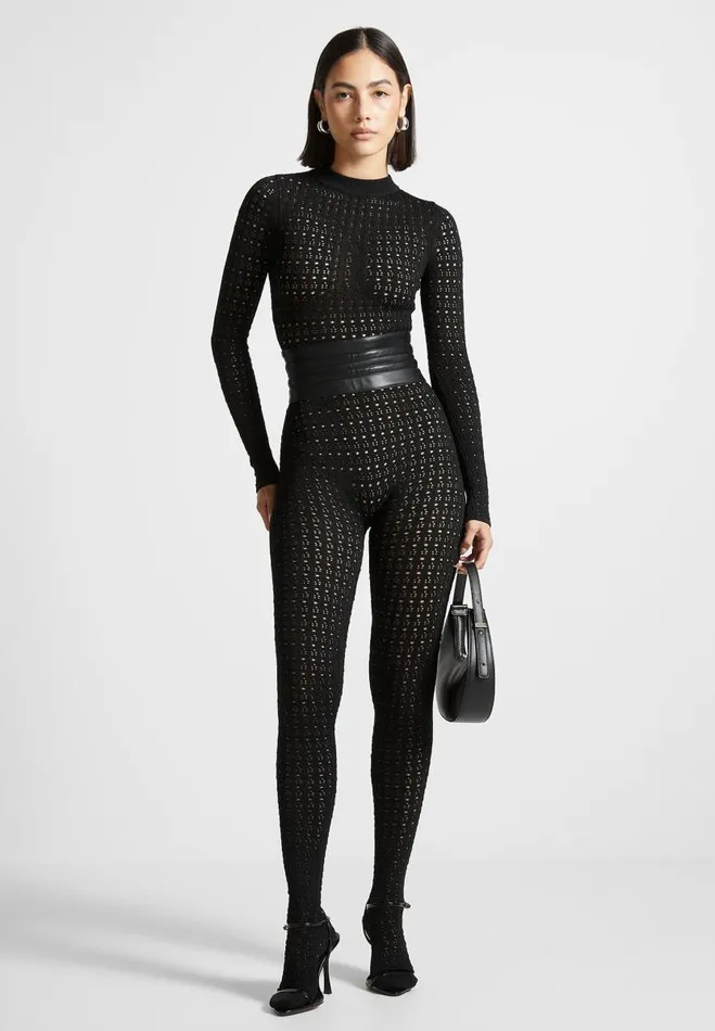 Manire De Voir Jumpsuits and Playsuits Manire De Voir Woman Pointelle Knit Long Sleeve Jumpsuit With Belt 8211 Black Manire De Voir Jumpsuits and Playsuits Manire De Voir Woman Pointelle Knit Long Sleeve Jumpsuit With Belt 8211 Black