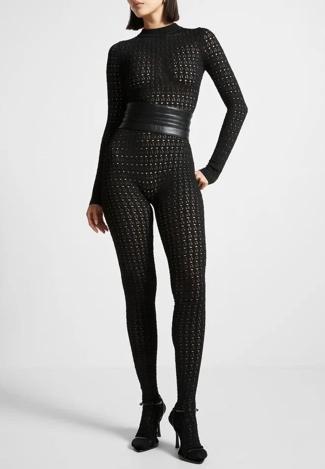 Manire De Voir Jumpsuits and Playsuits Manire De Voir Woman Pointelle Knit Long Sleeve Jumpsuit With Belt 8211 Black