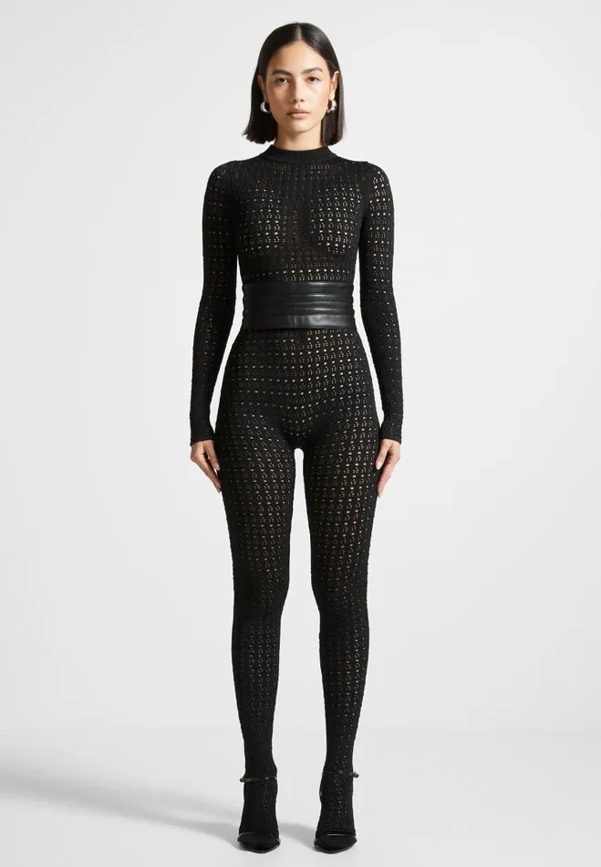 Manire De Voir Jumpsuits and Playsuits Manire De Voir Woman Pointelle Knit Long Sleeve Jumpsuit With Belt 8211 Black