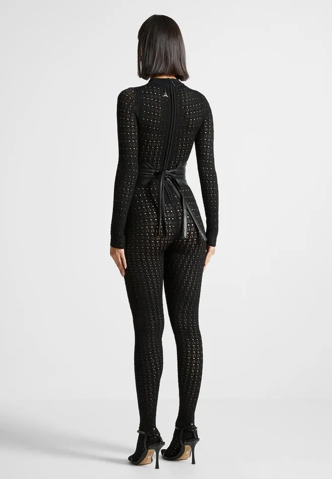 Manire De Voir Jumpsuits and Playsuits Manire De Voir Woman Pointelle Knit Long Sleeve Jumpsuit With Belt 8211 Black