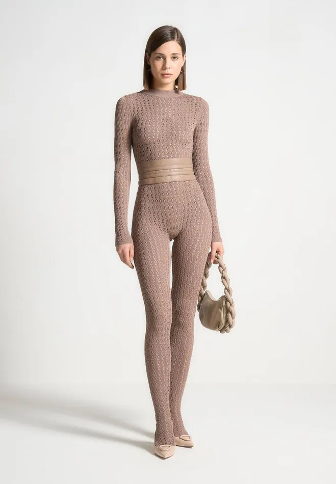 Manire De Voir Jumpsuits and Playsuits Manire De Voir Woman Pointelle Knit Long Sleeve Jumpsuit With Belt 8211 Taupe Manire De Voir Jumpsuits and Playsuits Manire De Voir Woman Pointelle Knit Long Sleeve Jumpsuit With Belt 8211 Taupe