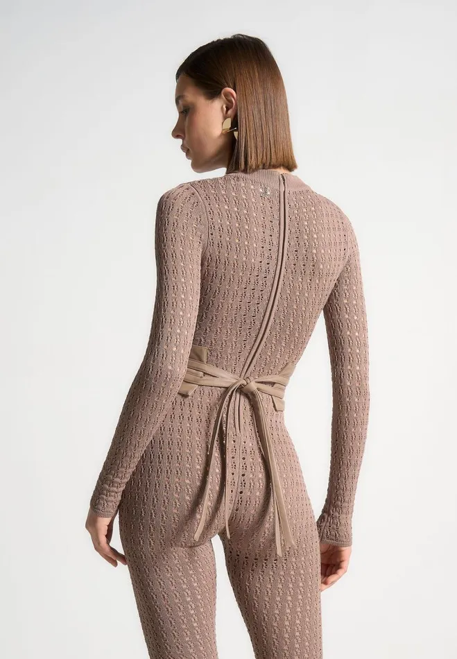 Manire De Voir Jumpsuits and Playsuits Manire De Voir Woman Pointelle Knit Long Sleeve Jumpsuit With Belt 8211 Taupe