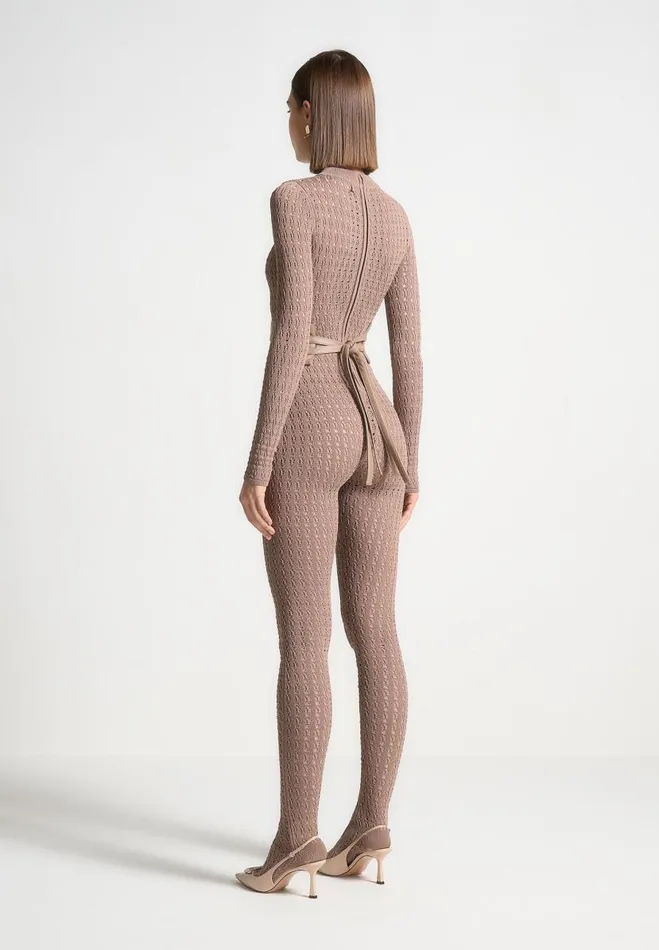 Manire De Voir Jumpsuits and Playsuits Manire De Voir Woman Pointelle Knit Long Sleeve Jumpsuit With Belt 8211 Taupe