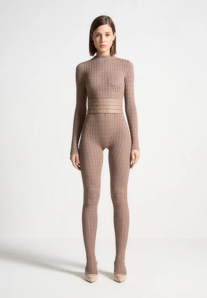 Manire De Voir Jumpsuits and Playsuits Manire De Voir Woman Pointelle Knit Long Sleeve Jumpsuit With Belt 8211 Taupe