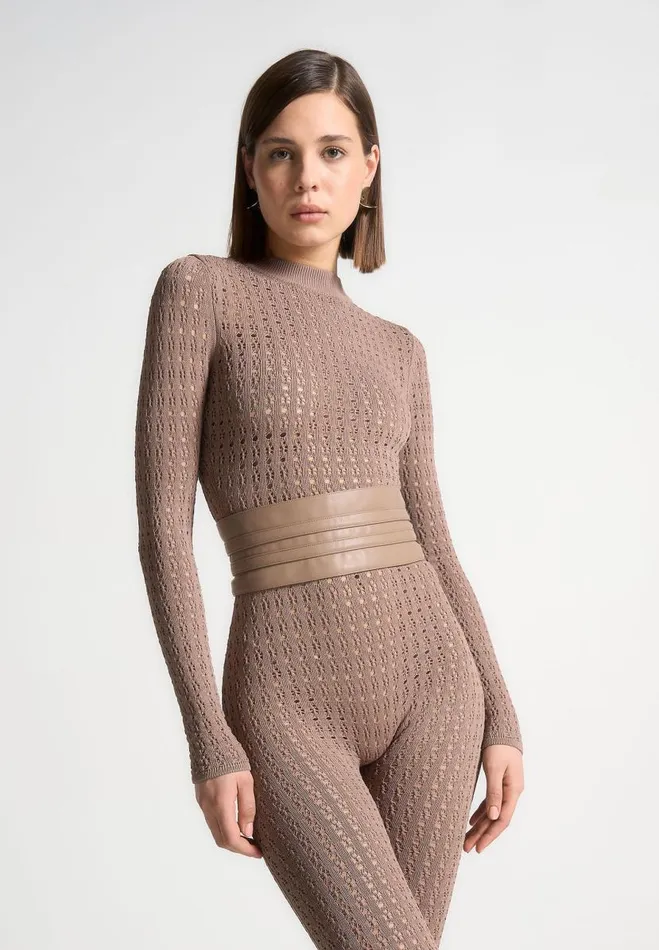 Manire De Voir Jumpsuits and Playsuits Manire De Voir Woman Pointelle Knit Long Sleeve Jumpsuit With Belt 8211 Taupe