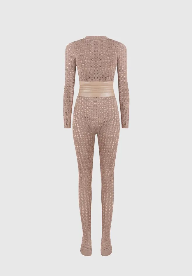 Manire De Voir Jumpsuits and Playsuits Manire De Voir Woman Pointelle Knit Long Sleeve Jumpsuit With Belt 8211 Taupe