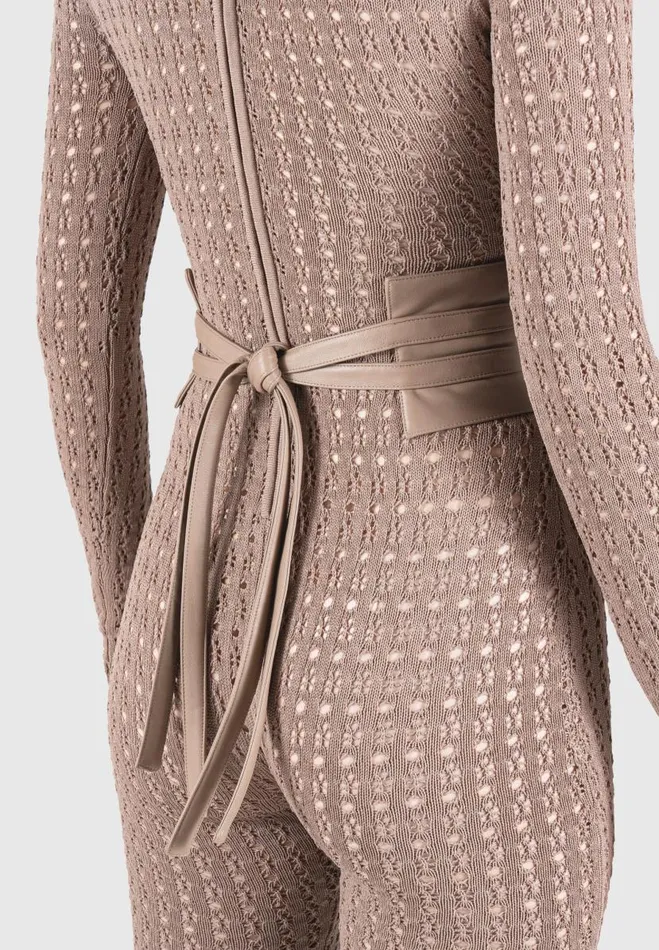 Manire De Voir Jumpsuits and Playsuits Manire De Voir Woman Pointelle Knit Long Sleeve Jumpsuit With Belt 8211 Taupe