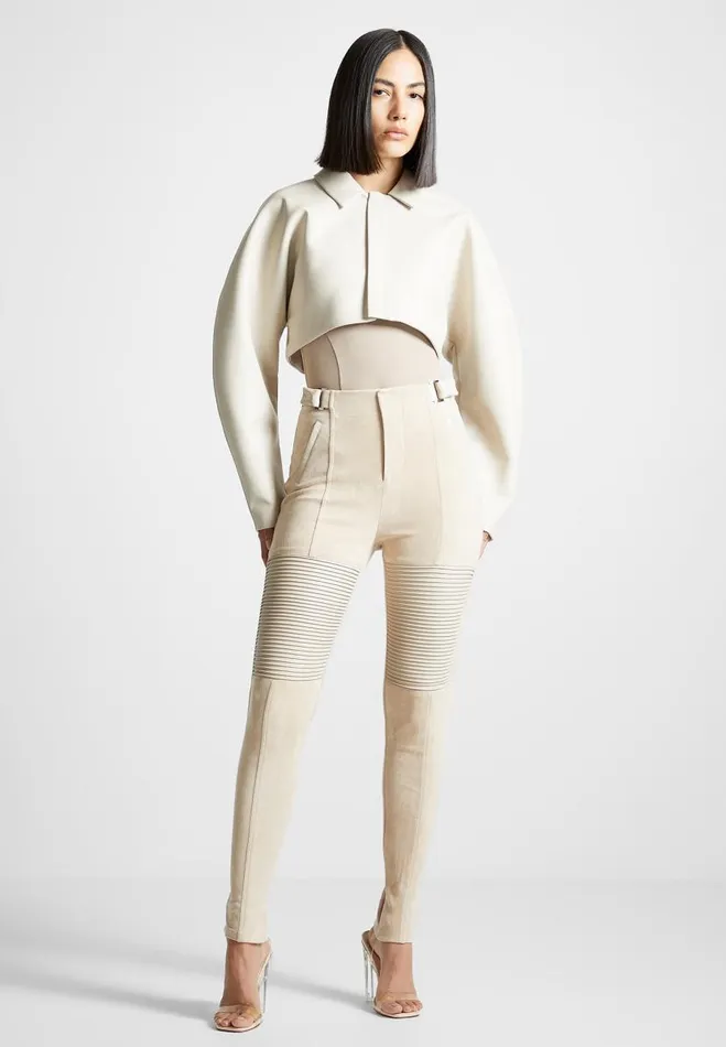 Manire De Voir Leggings Manire De Voir Woman Vegan Leather And Suede Ribbed Leggings 8211 Beige