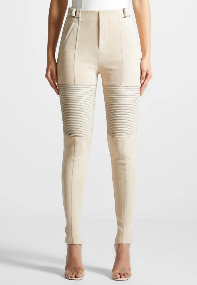 Manire De Voir Leggings Manire De Voir Woman Vegan Leather And Suede Ribbed Leggings 8211 Beige