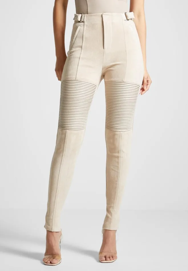 Manire De Voir Leggings Manire De Voir Woman Vegan Leather And Suede Ribbed Leggings 8211 Beige