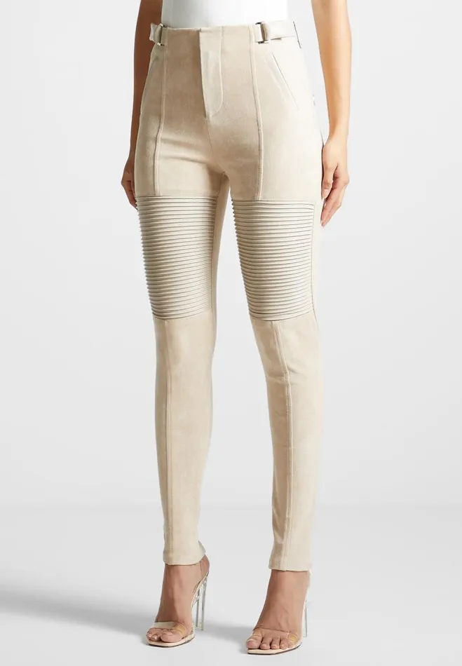 Manire De Voir Leggings Manire De Voir Woman Vegan Leather And Suede Ribbed Leggings 8211 Beige