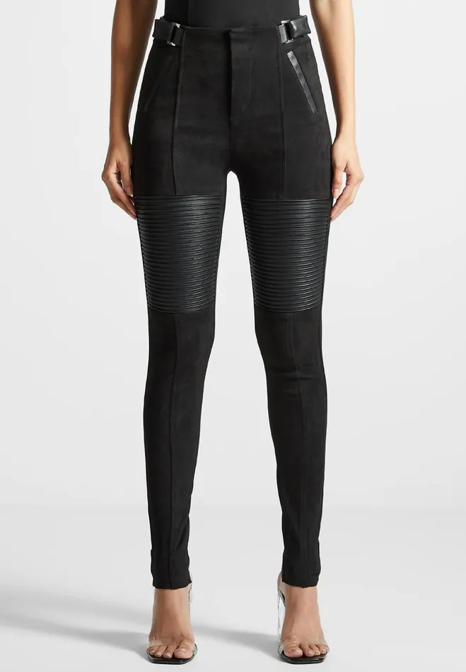 Manire De Voir Leggings Manire De Voir Woman Vegan Leather And Suede Ribbed Leggings 8211 Black