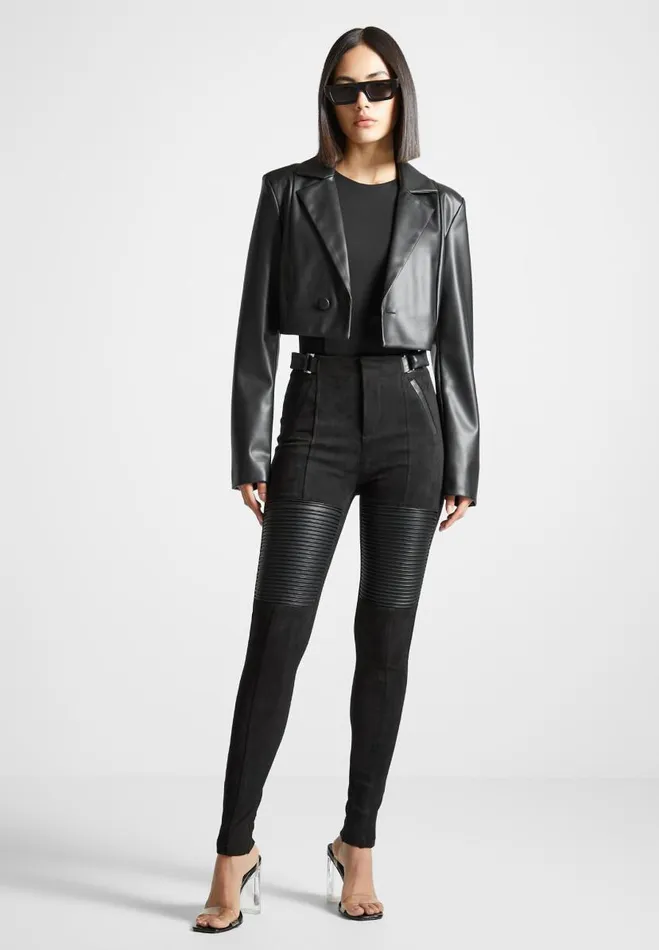 Manire De Voir Leggings Manire De Voir Woman Vegan Leather And Suede Ribbed Leggings 8211 Black