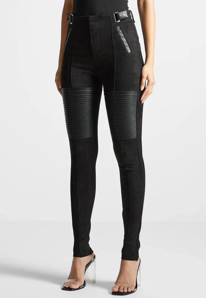 Manire De Voir Leggings Manire De Voir Woman Vegan Leather And Suede Ribbed Leggings 8211 Black