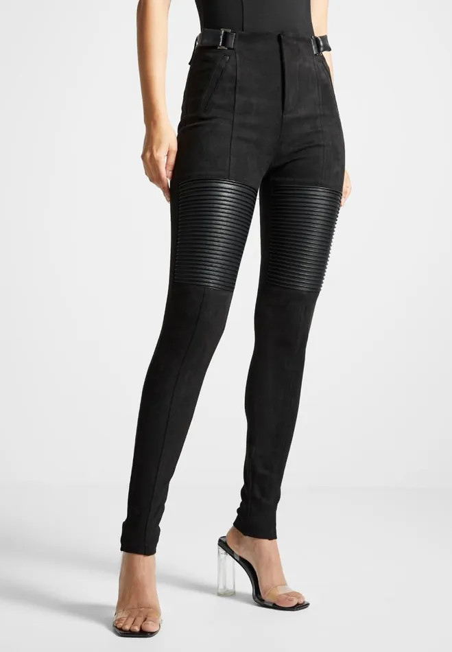 Manire De Voir Leggings Manire De Voir Woman Vegan Leather And Suede Ribbed Leggings 8211 Black