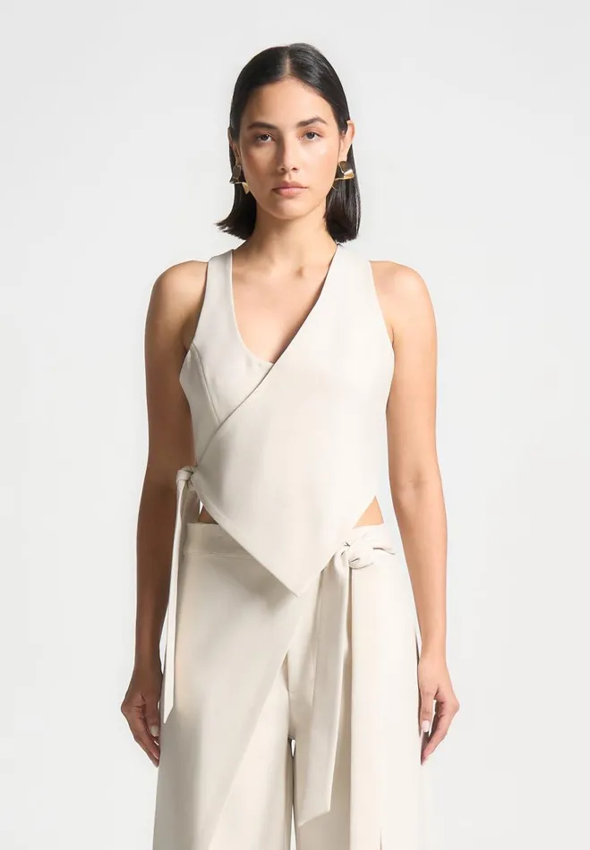 Manire De Voir Matching Sets Manire De Voir Woman Asymmetric Tailored Waistcoat With Tie 8211 Light Beige Manire De Voir Matching Sets Manire De Voir Woman Asymmetric Tailored Waistcoat With Tie 8211 Light Beige
