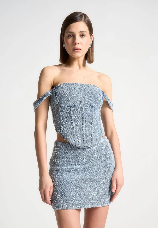 Manire De Voir Matching Sets Manire De Voir Woman Boucle Denim Bardot Corset Top 8211 Mid Blue Manire De Voir Matching Sets Manire De Voir Woman Boucle Denim Bardot Corset Top 8211 Mid Blue