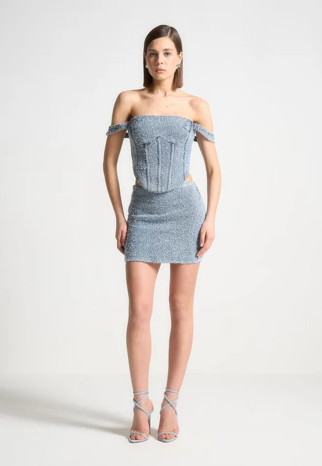 Manire De Voir Matching Sets Manire De Voir Woman Boucle Denim Bardot Corset Top 8211 Mid Blue