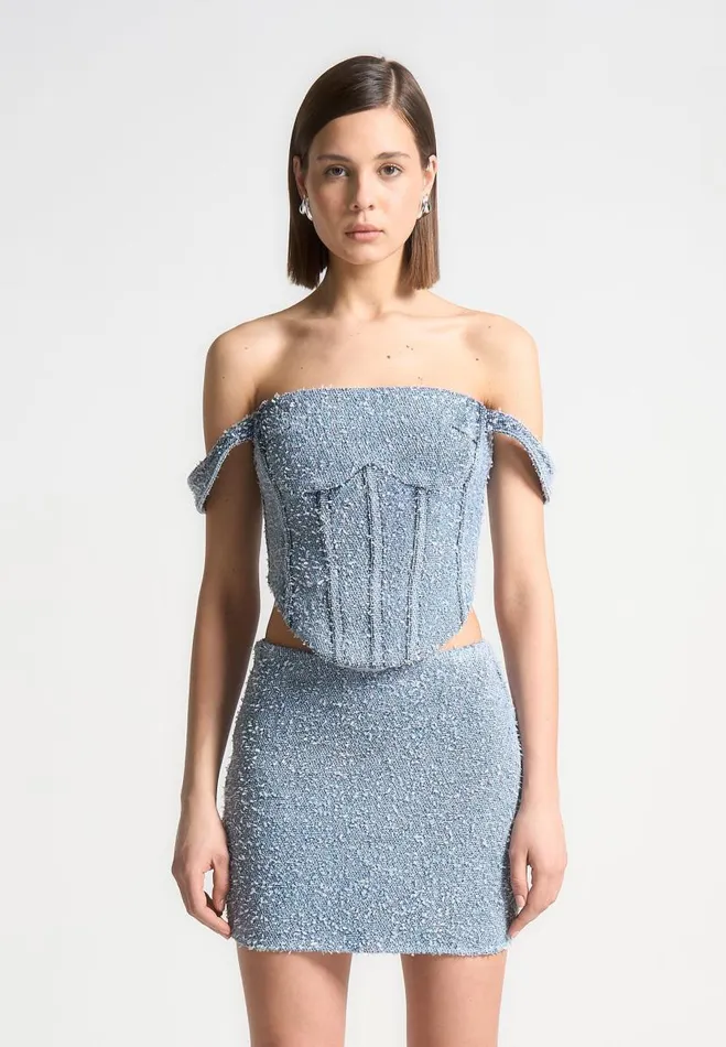 Manire De Voir Matching Sets Manire De Voir Woman Boucle Denim Bardot Corset Top 8211 Mid Blue