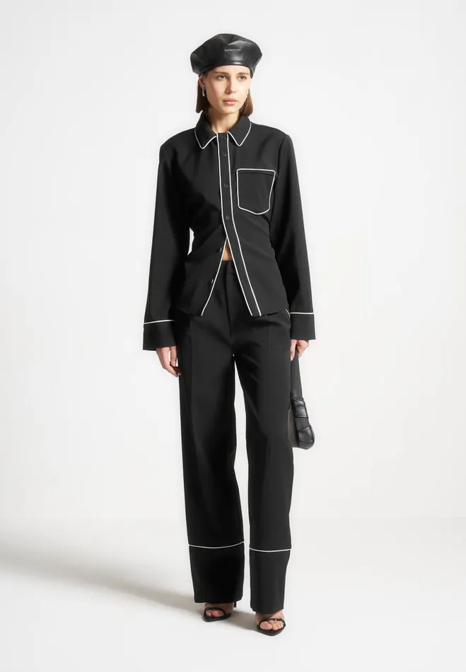 Manire De Voir Matching Sets Manire De Voir Woman Contrast Piped Backless Tie Shirt 8211 BlackWhite Manire De Voir Matching Sets Manire De Voir Woman Contrast Piped Backless Tie Shirt 8211 BlackWhite