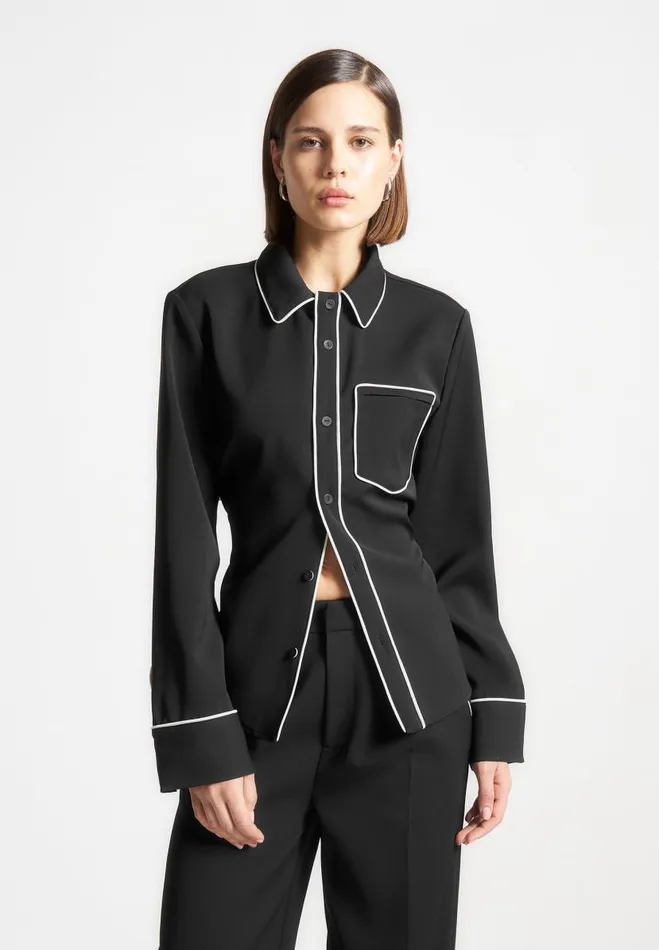 Manire De Voir Matching Sets Manire De Voir Woman Contrast Piped Backless Tie Shirt 8211 BlackWhite