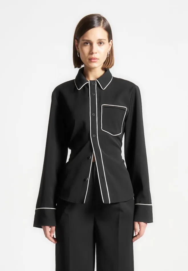 Manire De Voir Matching Sets Manire De Voir Woman Contrast Piped Backless Tie Shirt 8211 BlackWhite