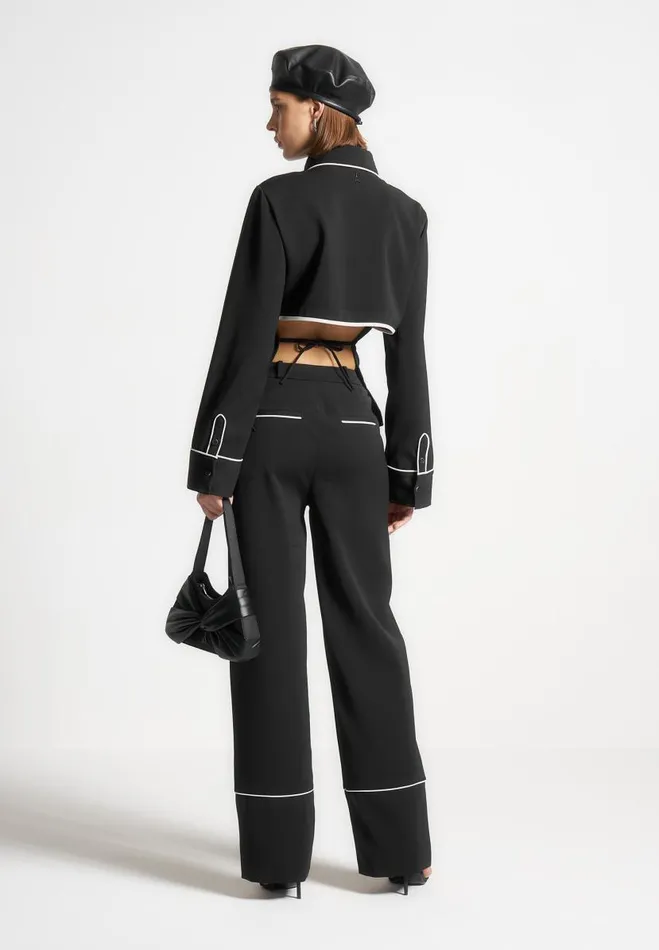 Manire De Voir Matching Sets Manire De Voir Woman Contrast Piped Backless Tie Shirt 8211 BlackWhite