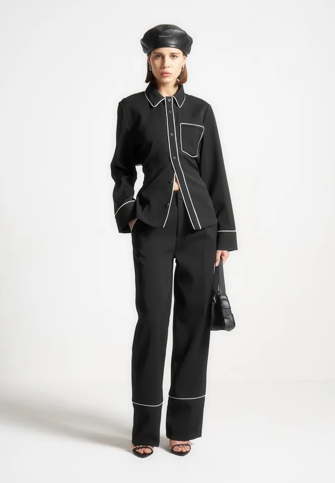 Manire De Voir Matching Sets Manire De Voir Woman Contrast Piped Pleated Trousers 8211 BlackWhite