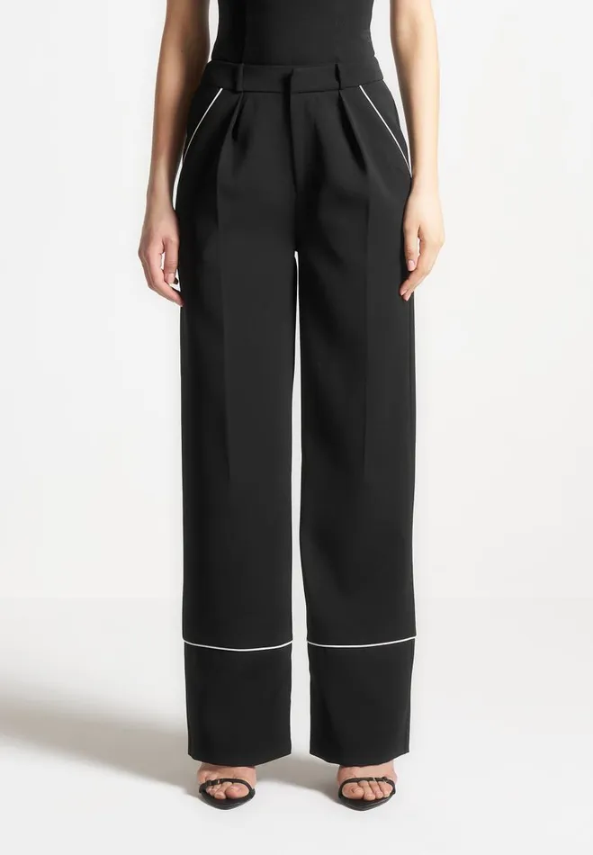 Manire De Voir Matching Sets Manire De Voir Woman Contrast Piped Pleated Trousers 8211 BlackWhite
