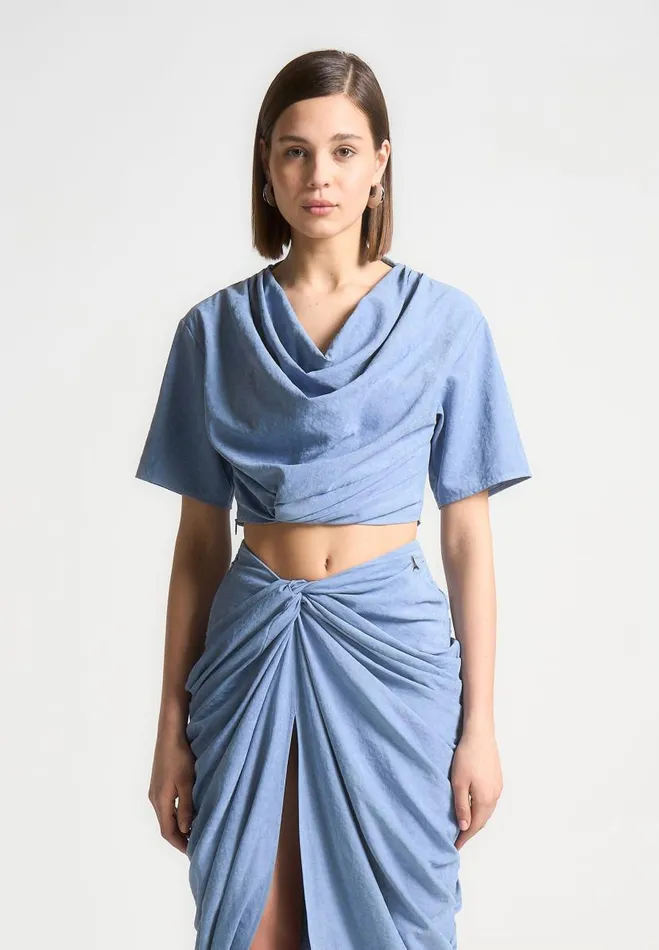 Manire De Voir Matching Sets Manire De Voir Woman Cowl Neck Drape TShirt 8211 Blue Manire De Voir Matching Sets Manire De Voir Woman Cowl Neck Drape TShirt 8211 Blue