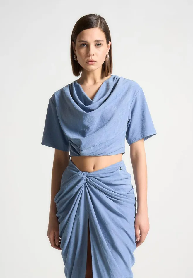 Manire De Voir Matching Sets Manire De Voir Woman Cowl Neck Drape TShirt 8211 Blue